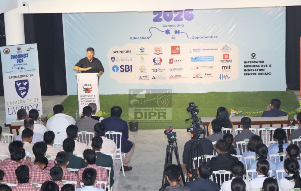 Abu Metha addressing the 4th ‘EduConnect: Connecting Education to Opportunities’ held at the Integrated Business Hub and Innovation Centre in Dimapur, on May 15. (DIPR Photo)